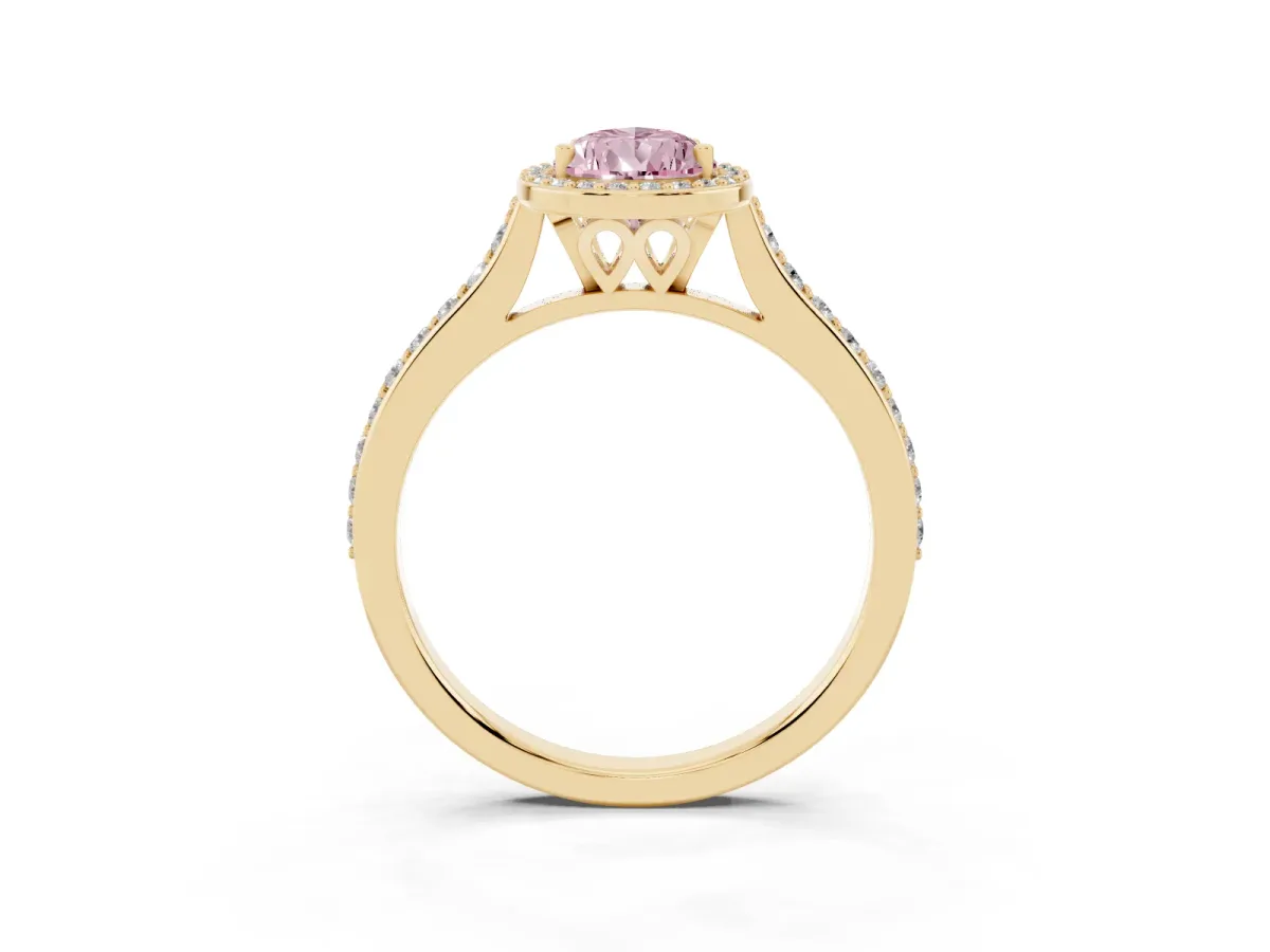 Fancy Pink Pear Cut Diamond Halo Engagement Ring with Round Pavé Shoulders and Prong Setting Yellow gold