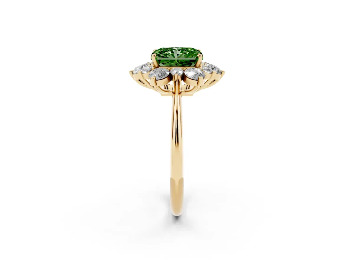 Fancy Green Radiant Cut Diamond Cluster Halo Ring with Solitaire Band and Four-Prong Setting Yellow gold