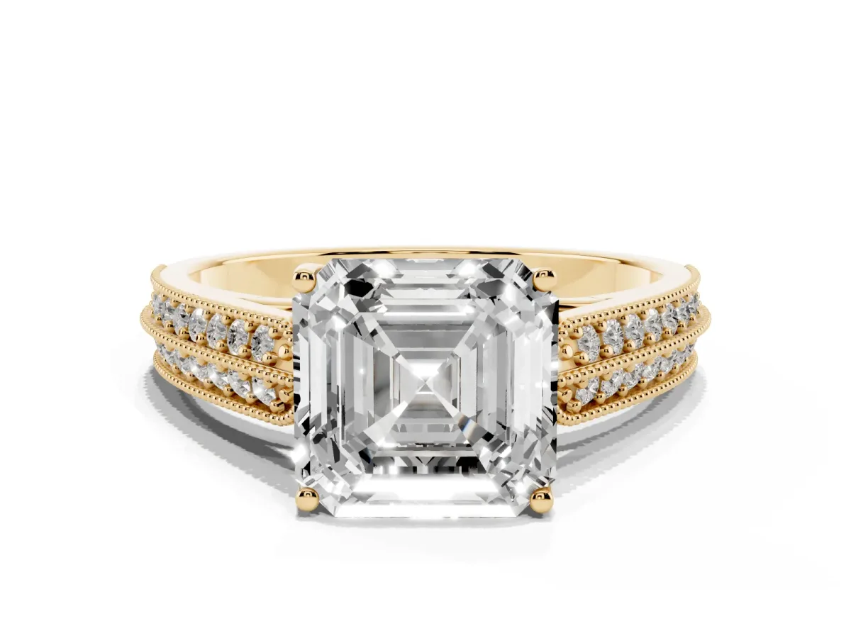 Asscher Cut Cut Pave Split Shank Engagement Ring with Four-Prong Setting Yellow gold