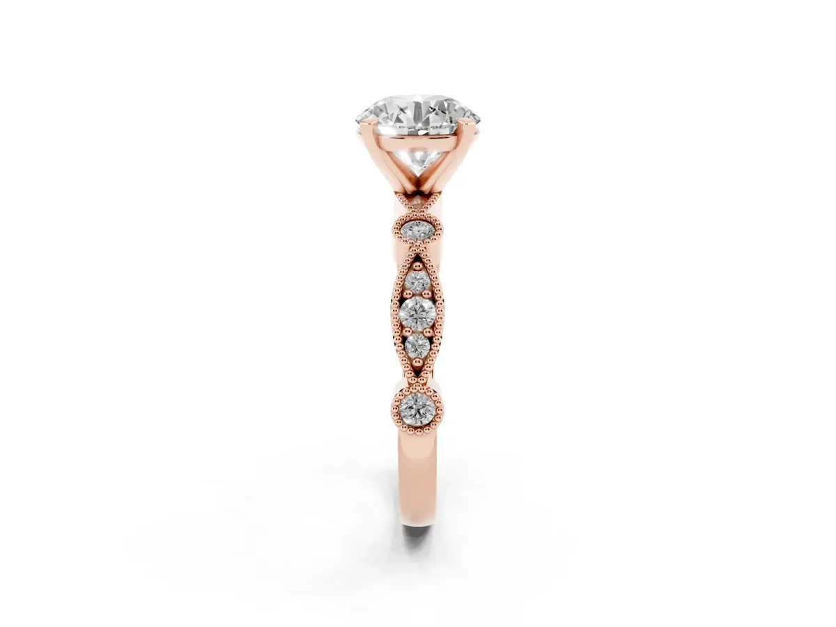 Round Cut Milgrain Bezel Diamond Engagement Ring with Solitaire Prong Setting Rose gold
