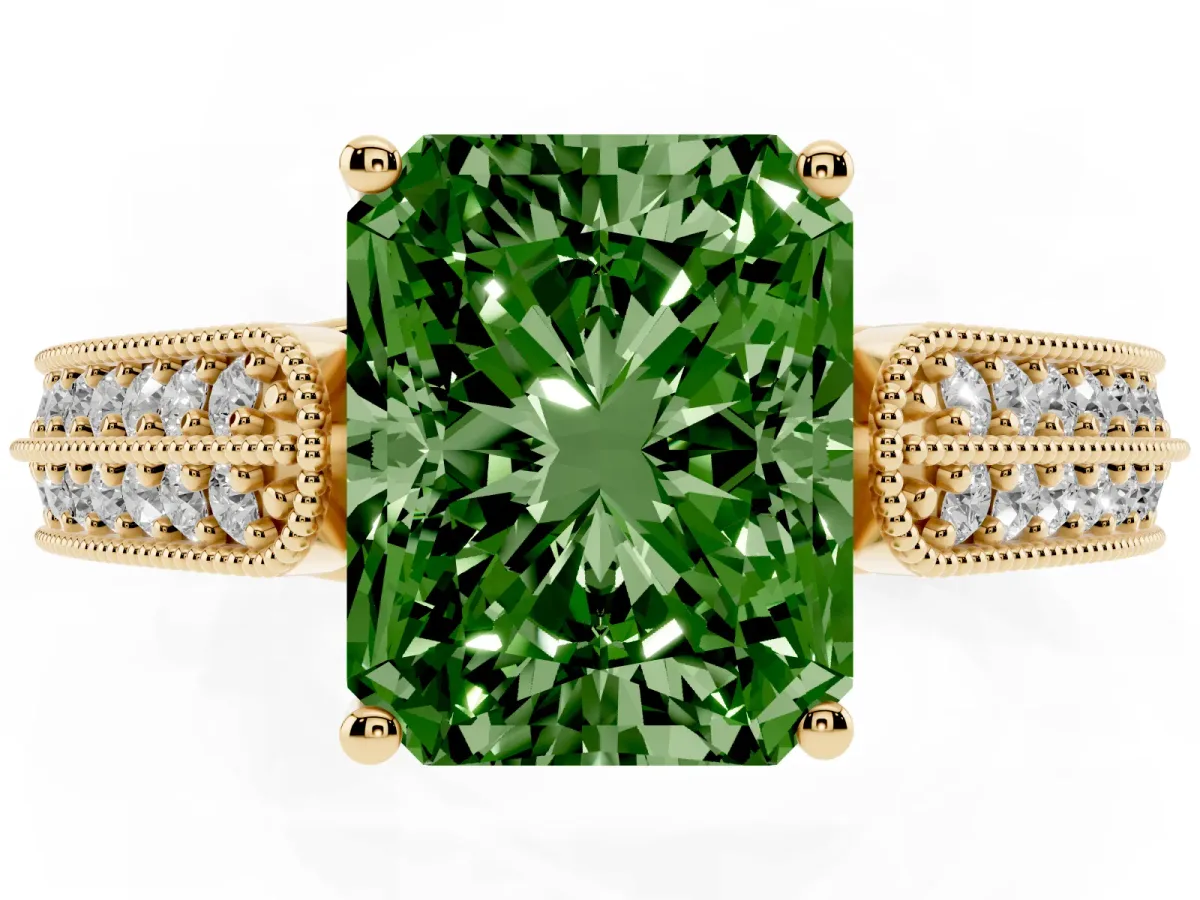 Fancy Green Radiant Cut Cut Pave Split Shank Engagement Ring with Four-Prong Setting Yellow gold