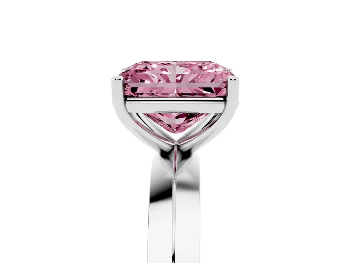 Fancy Pink Radiant Cut Cut Solitaire Engagement Ring with Flat Band and Four-Prong Setting Platinum