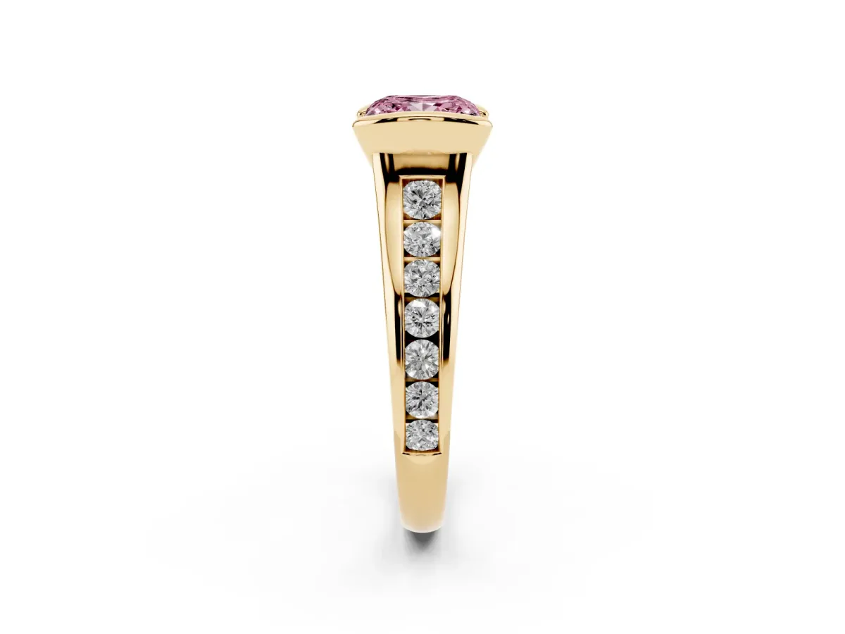 Fancy Pink Princess Cut Solitaire Bezel-Set Diamond Ring with Channel-Set Band Yellow gold