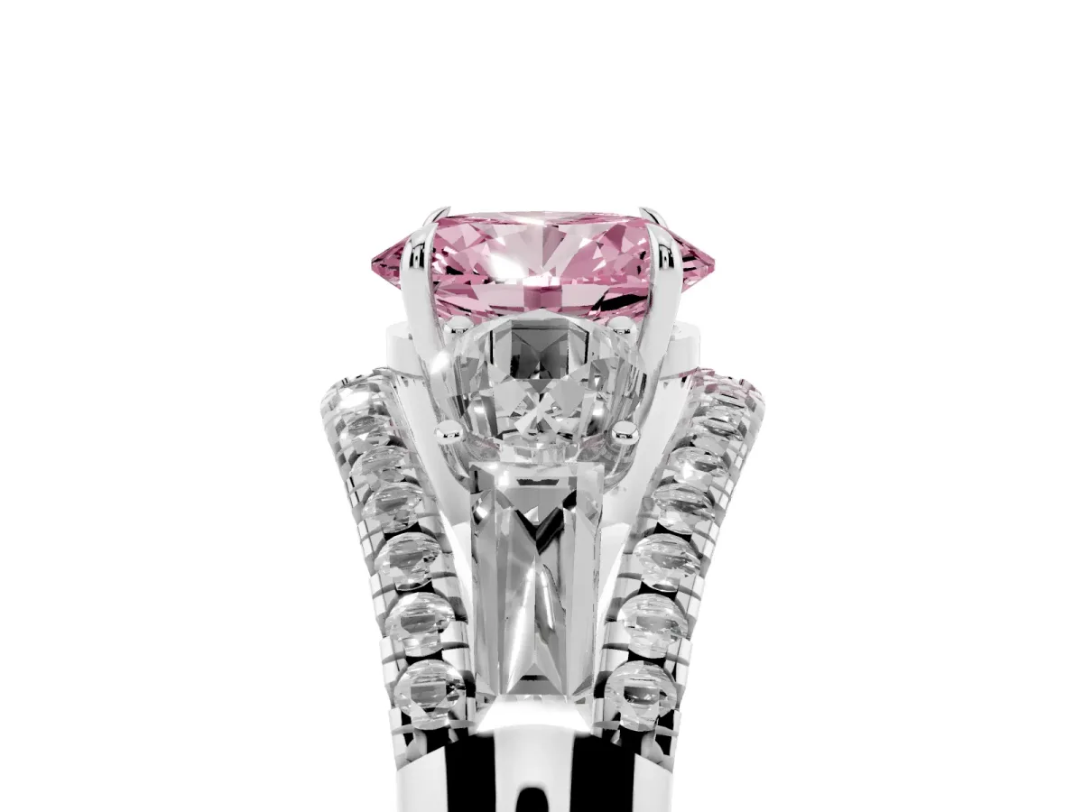 Fancy Pink Three-Stone Oval Cut Diamond Engagement Ring with Pave Band and Prong Setting Silver