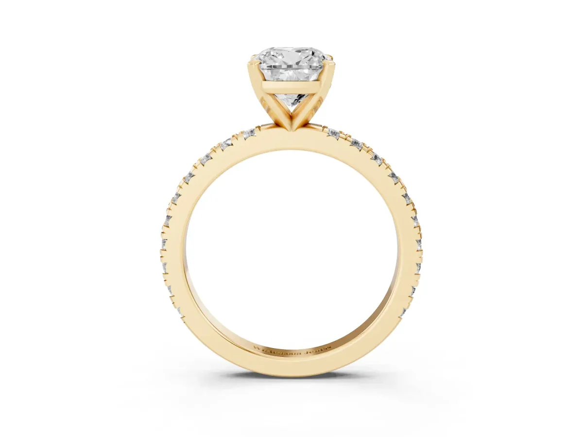 Cushion Cut Diamond Pavé Band Solitaire with Four-Prong Setting Yellow gold