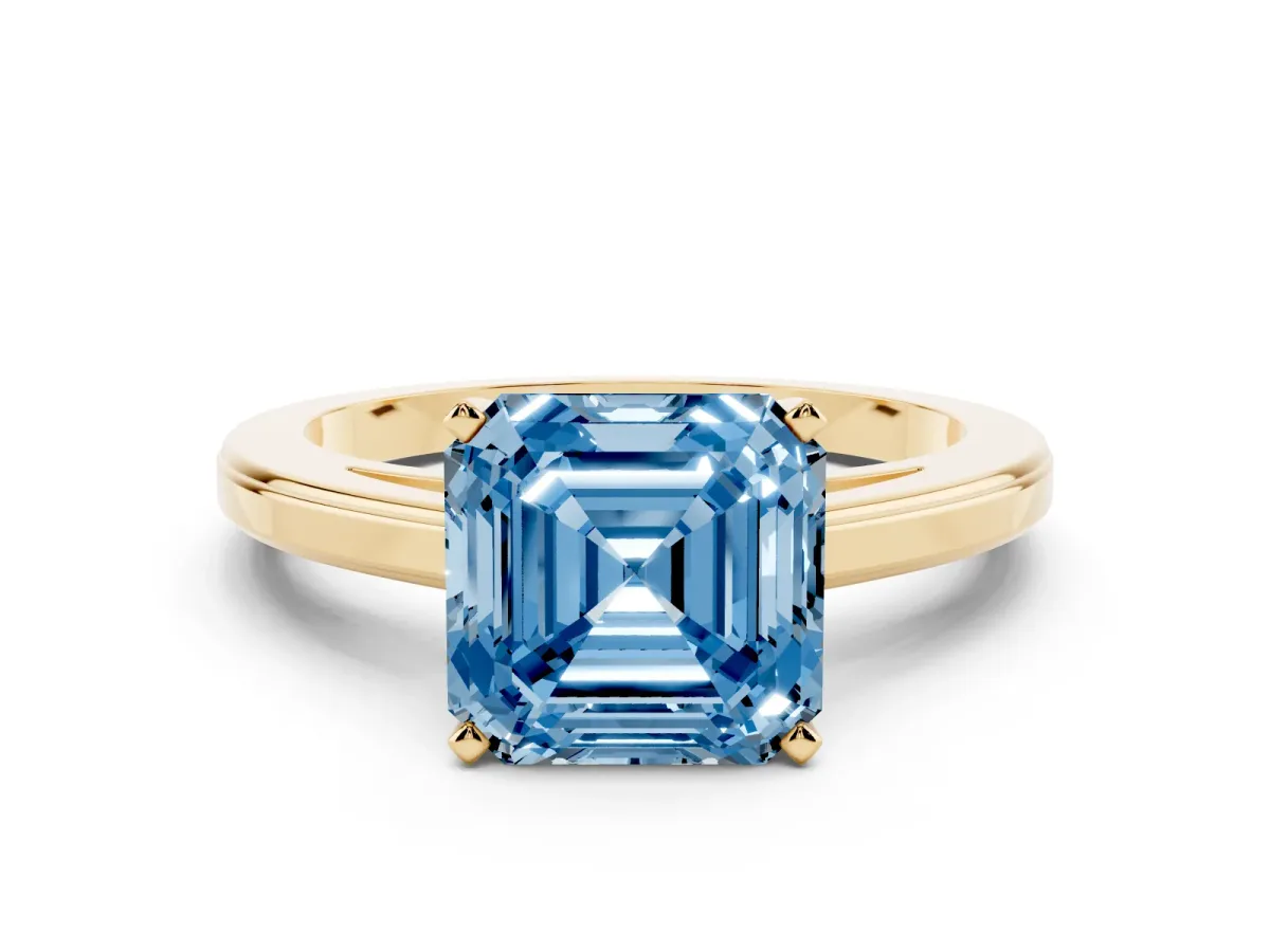 Fancy Blue Asscher Cut Solitaire Diamond Ring with Four-Prong Setting and Classic Band Yellow gold