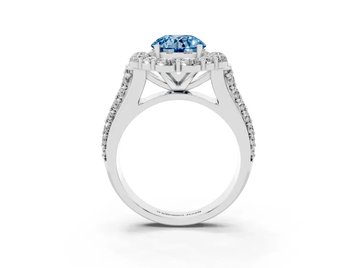 Fancy Blue Round Cut Halo Diamond Engagement Ring with Split Shank and Prong Setting Silver