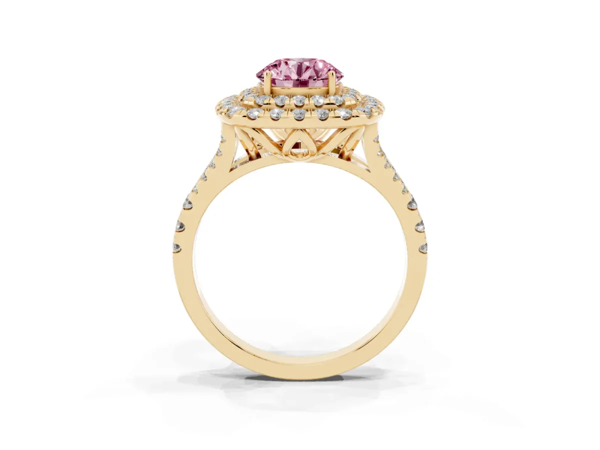 Fancy Pink Double Halo Round Cut Diamond Pavé Split Shank Ring with Prong Setting Yellow gold