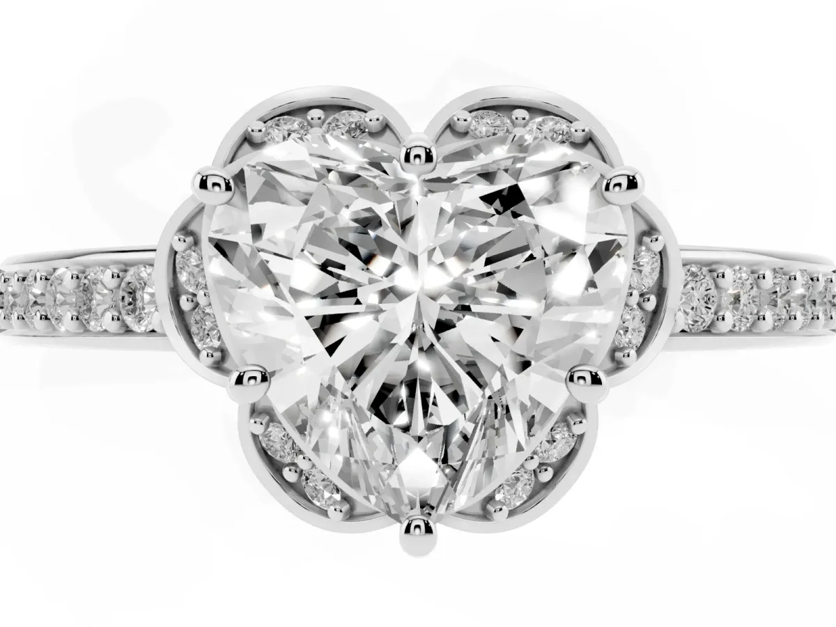 Heart Cut Cut Halo Diamond Ring with Channel Set Band and Four-Prong Setting White gold