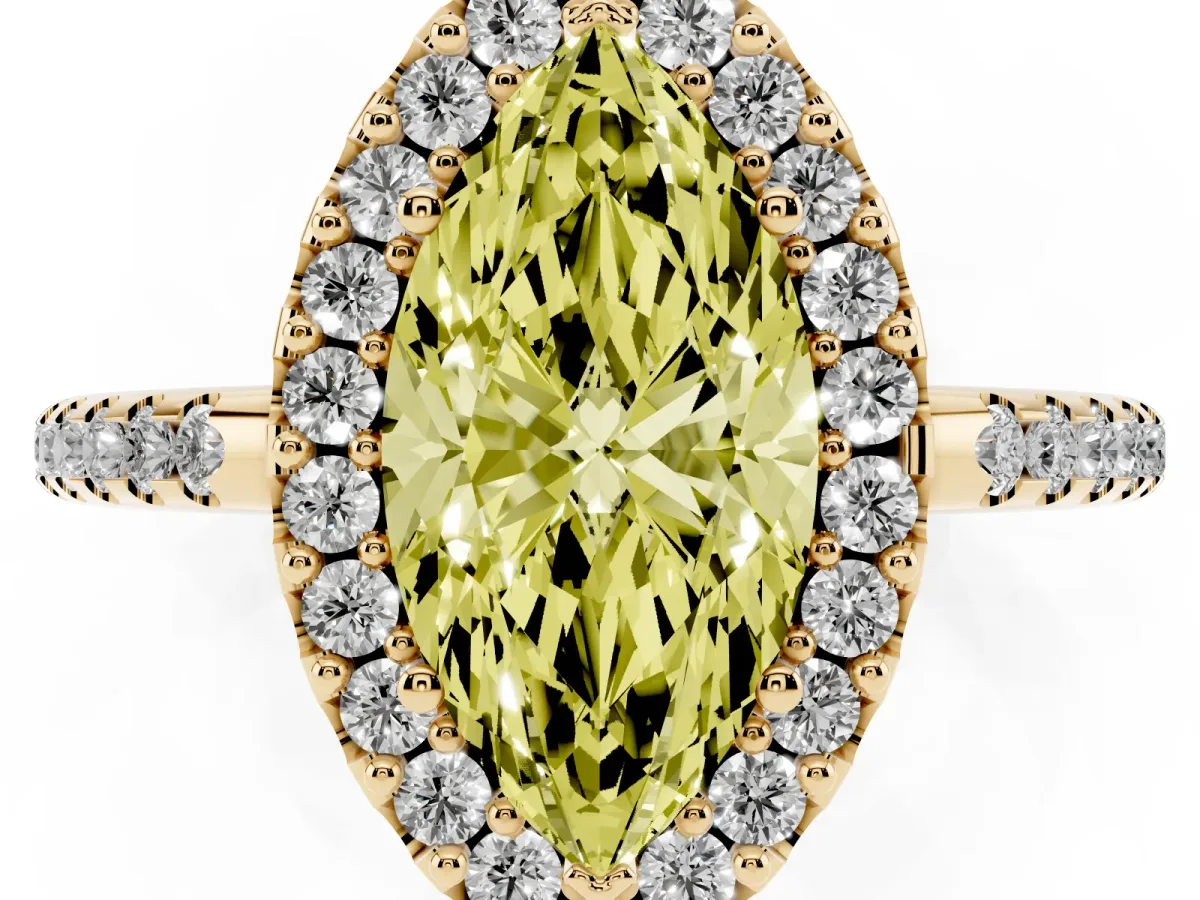 Fancy Yellow Marquise Cut Diamond Pavé Halo Ring with Four-Prong Setting Yellow gold