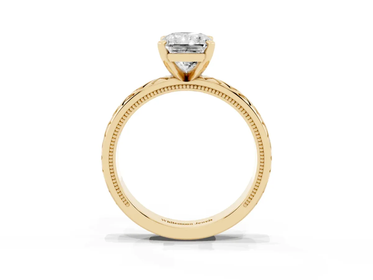 Radiant Cut Solitaire Diamond Ring with Milgrain and Black Enamel X Pattern Band Yellow gold