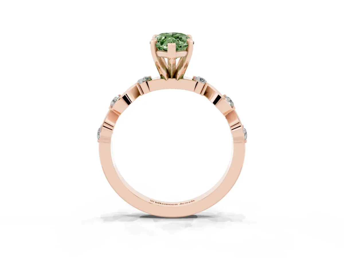 Fancy Green Marquise Cut Diamond Solitaire Twisted Band with Round Accents and Prong Setting Rose gold