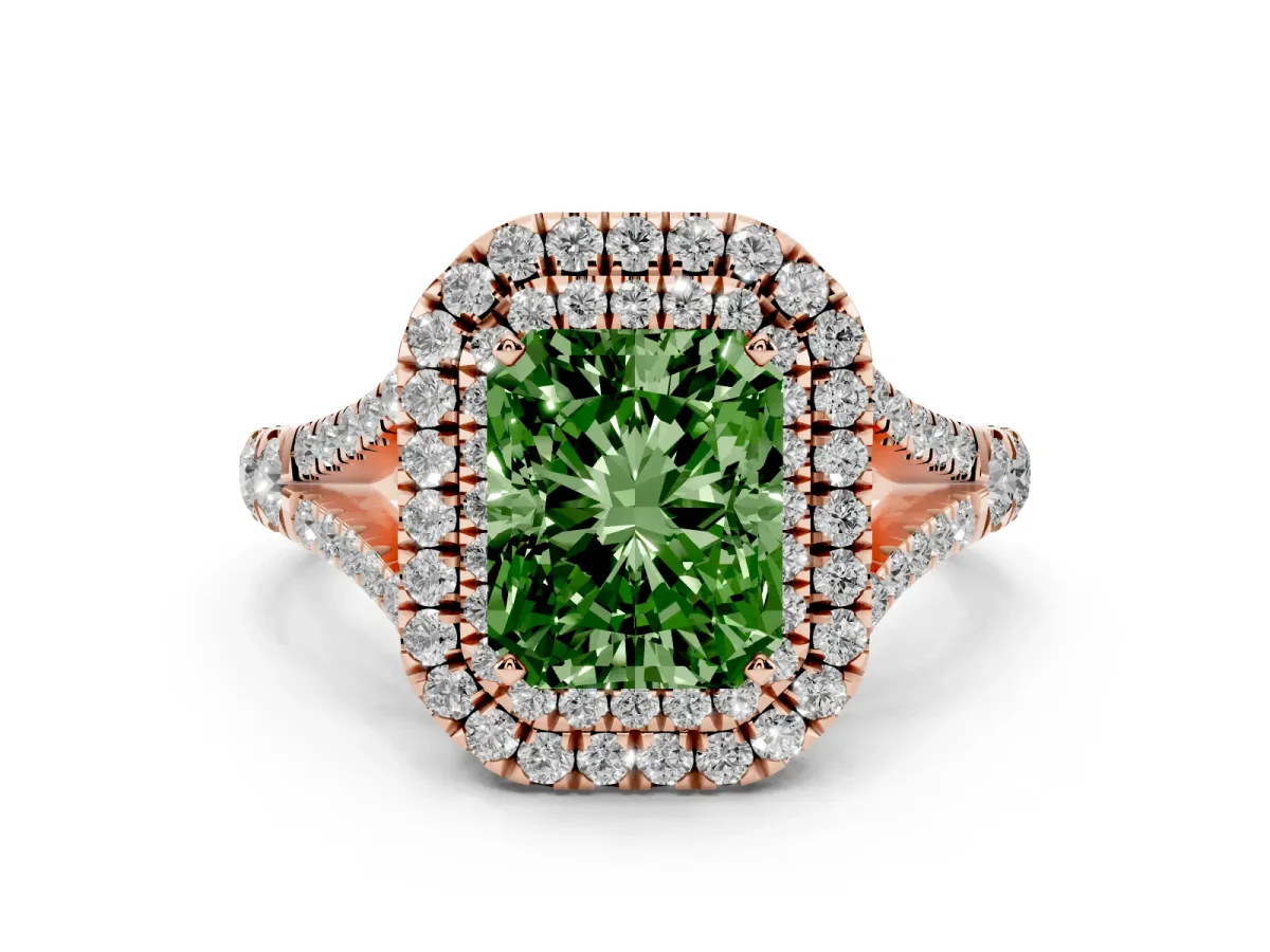Fancy Green Radiant Cut Diamond Double Halo Ring with Split Shank and Prong Setting Rose gold