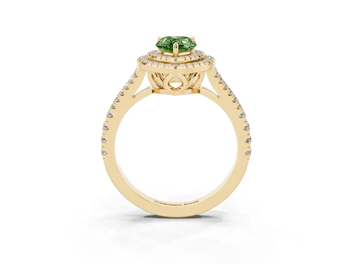 Fancy Green Pear Cut Diamond Double Halo Ring with Pavé Band and Prong Setting Yellow gold