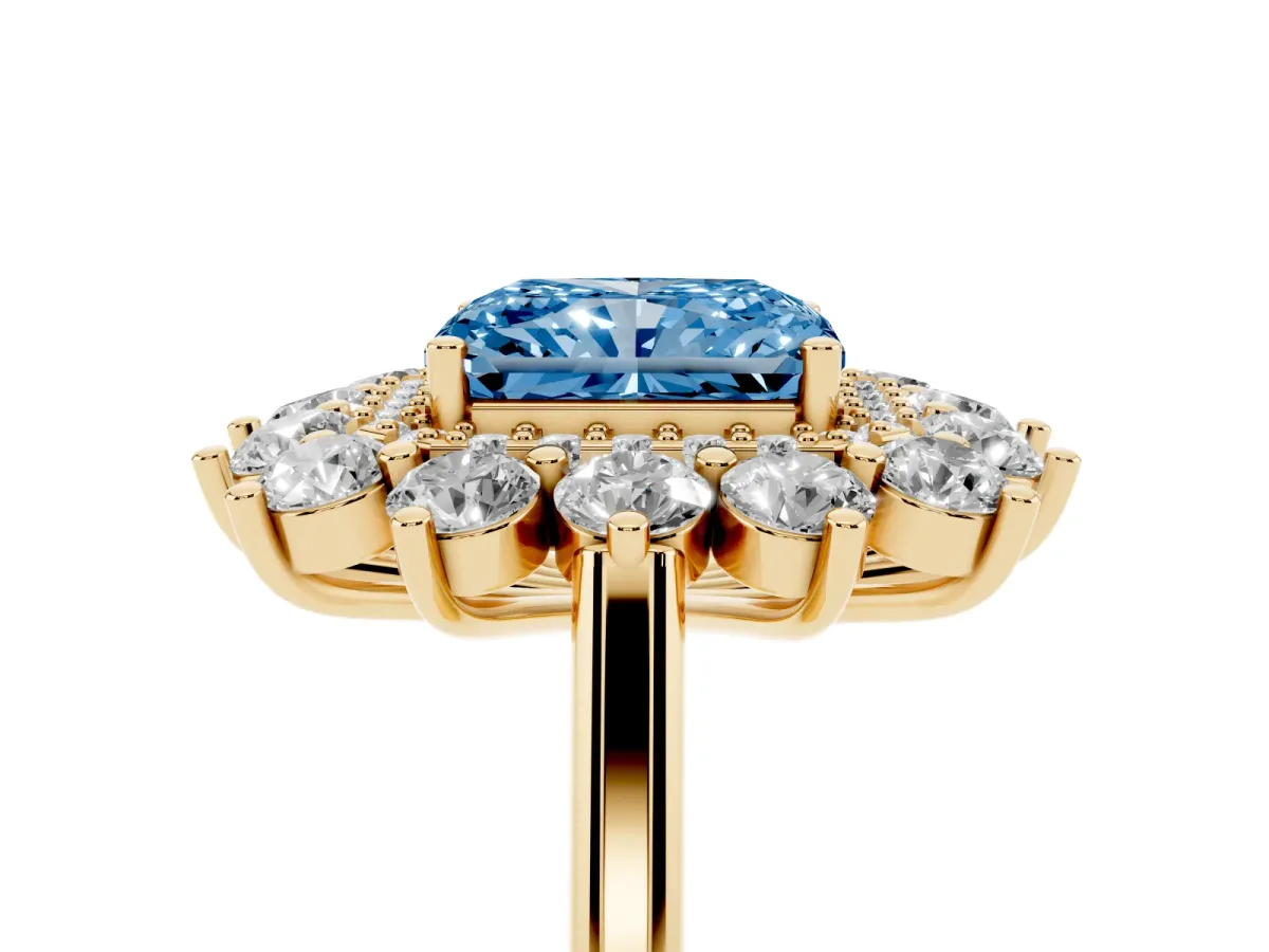 Fancy Blue Radiant Cut Diamond Floral Double Halo Engagement Ring with Prong Setting Yellow gold