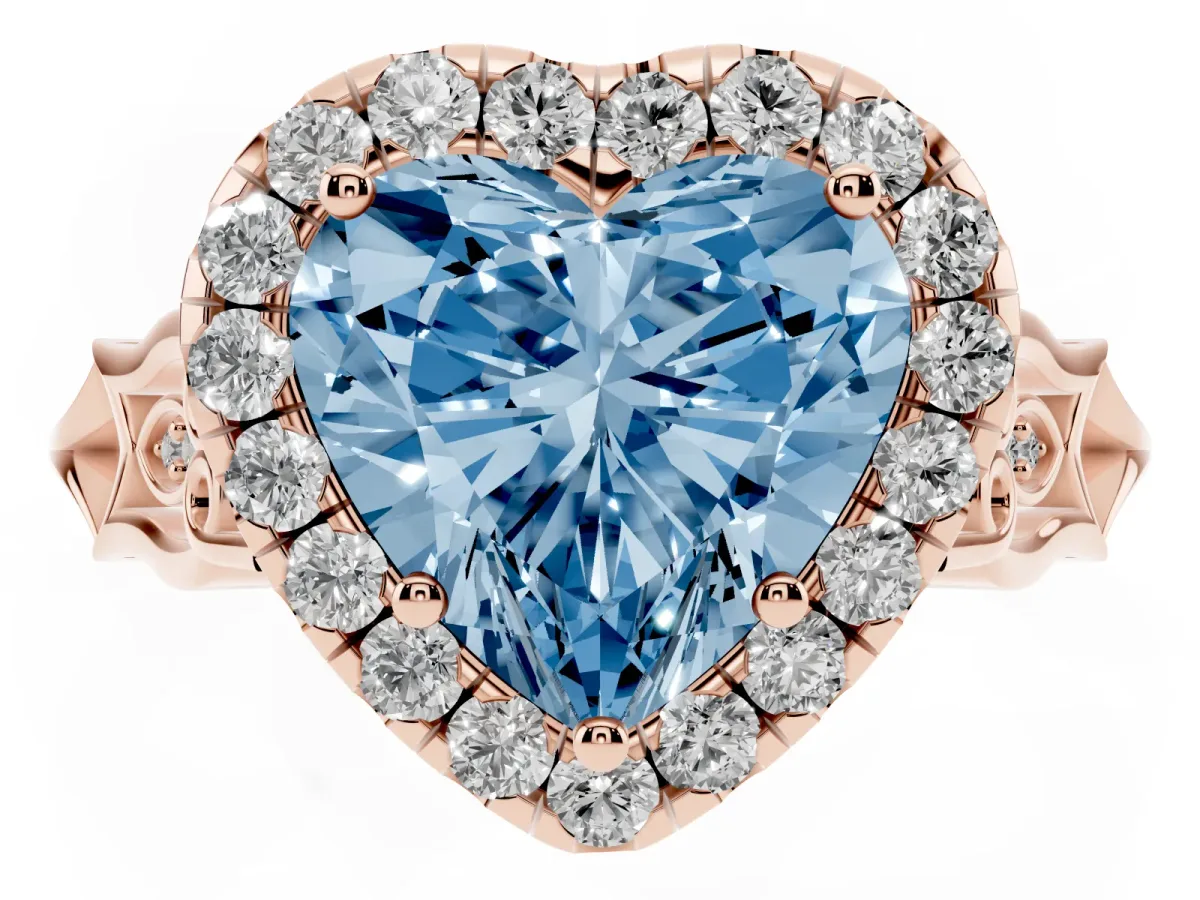 Fancy Blue Heart Cut Halo Diamond Engagement Ring with Filigree Band and Four-Prong Setting Rose gold