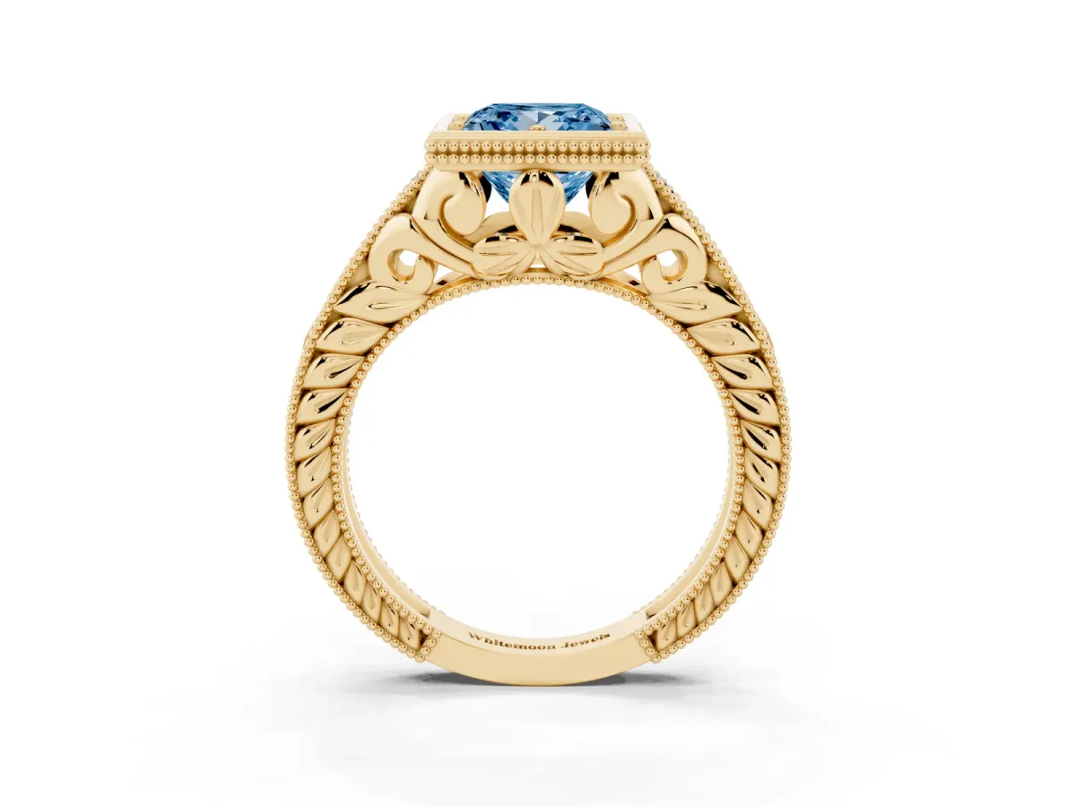 Fancy Blue Bezel Set Princess Cut Diamond Milgrain Pave Engagement Ring Yellow gold
