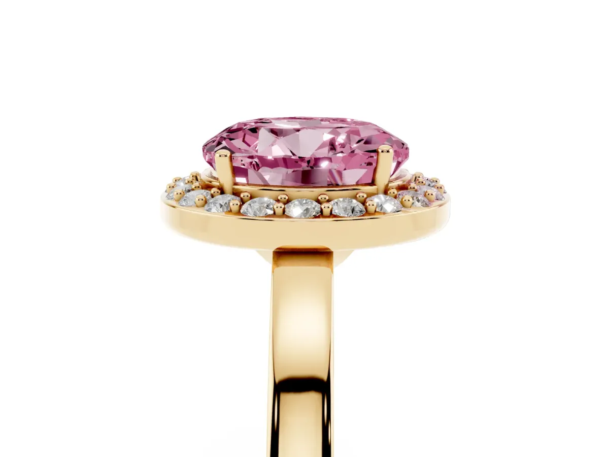 Fancy Pink Round Cut Halo Diamond Ring with Solitaire Band and Prong Setting Yellow gold
