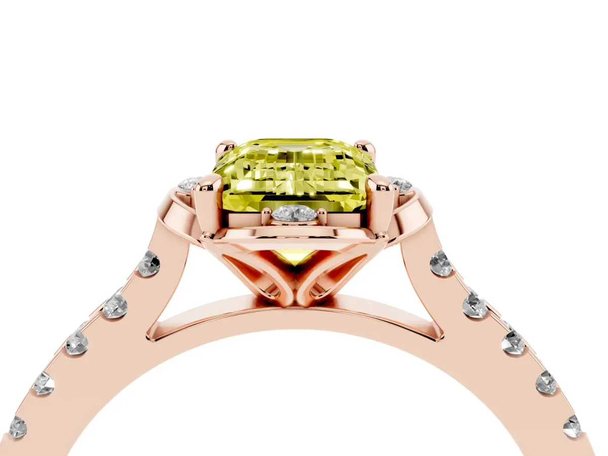 Fancy Yellow Emerald Cut Diamond Ring with Pavé Band and Floral Prong Setting Rose gold