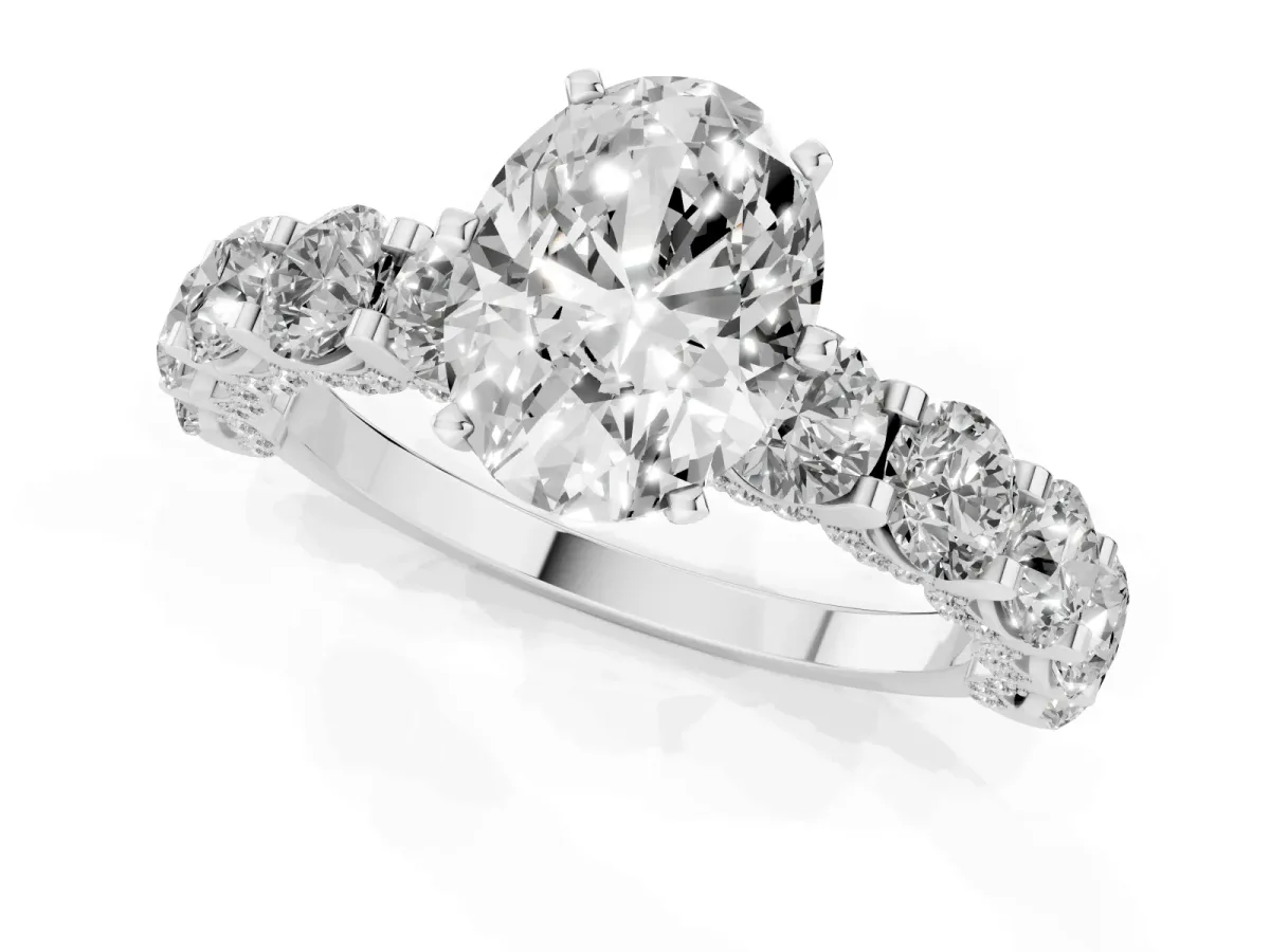 Oval Cut Diamond Side Stone Engagement Ring with Four-Prong Setting Silver