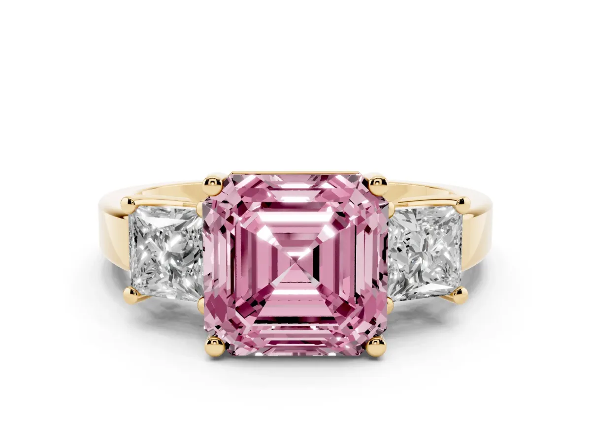 Fancy Pink Three-Stone Asscher Cut Cut Solitaire Ring with Prong Setting Yellow gold