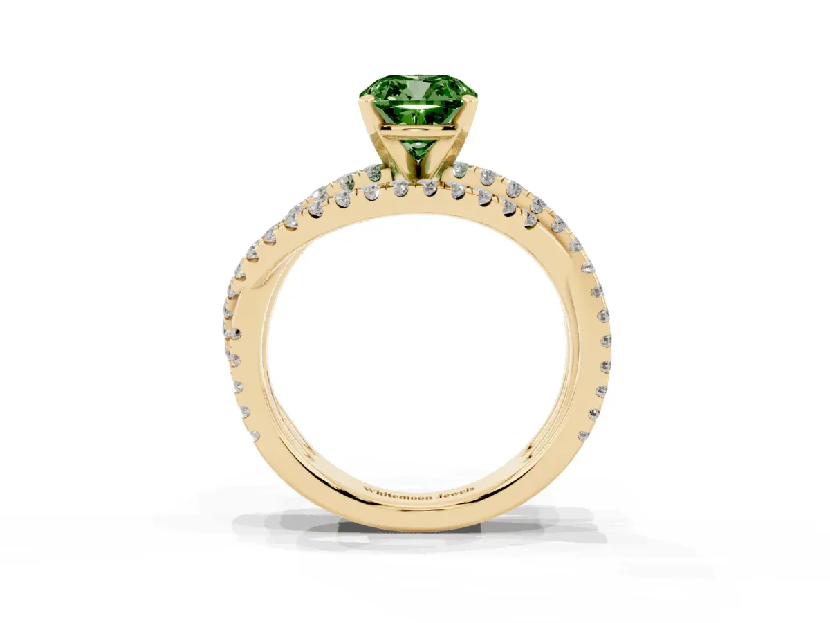 Fancy Green Cushion Cut Solitaire Twist Band with Pavé Setting and Four-Prong Setting Yellow gold