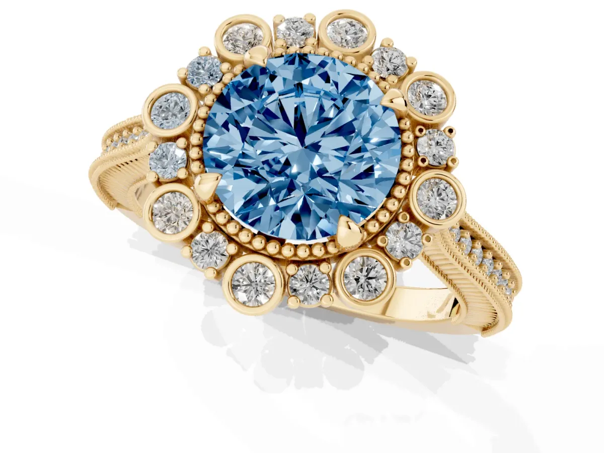 Fancy Blue Round Cut Halo Milgrain Pave Diamond Ring with Four-Prong Setting Yellow gold