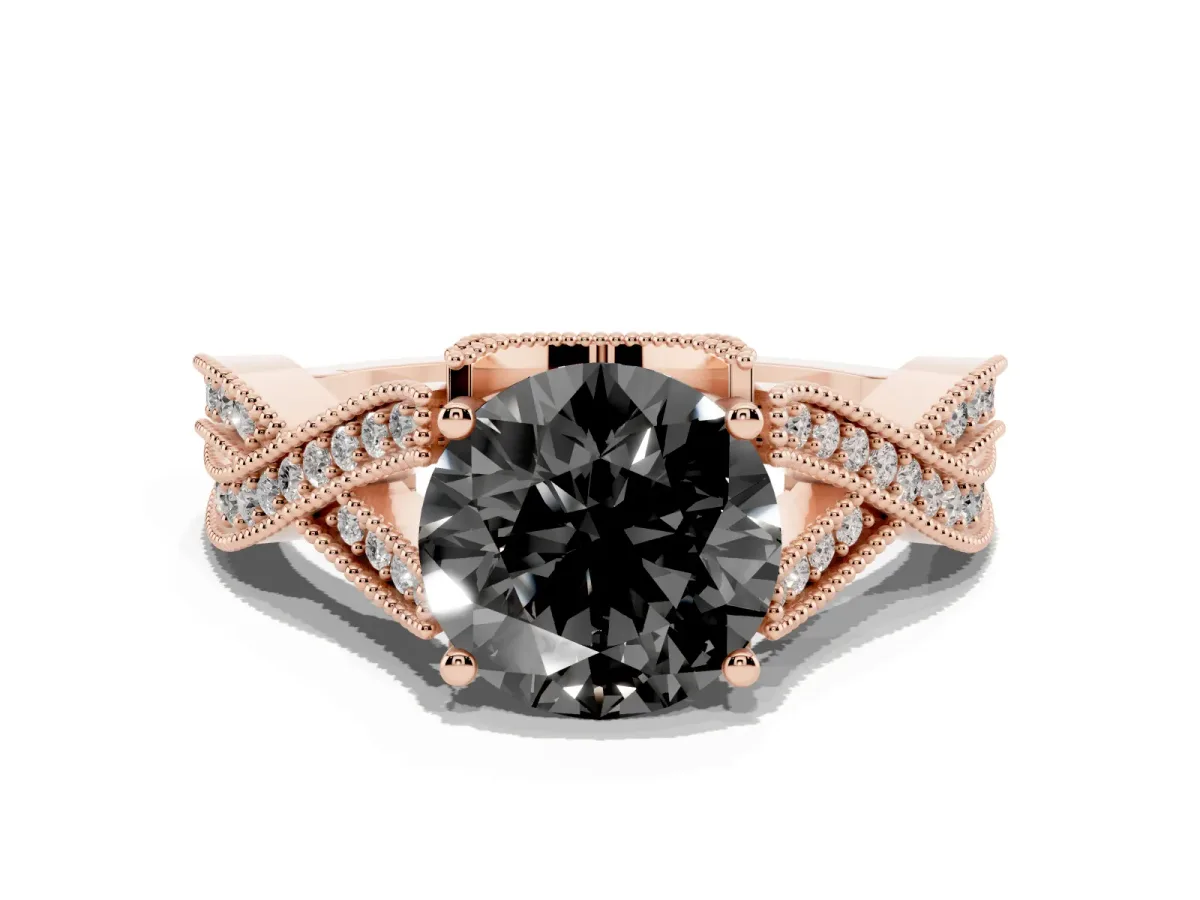 Fancy Black Round Cut Cut Diamond Twisted Band with Milgrain Pave Setting and Four-Prong Setting Rose gold