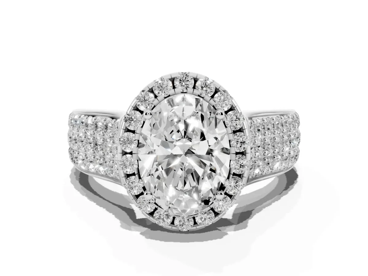 Oval Cut Halo Round Diamond Pave Band with Prong Setting White gold