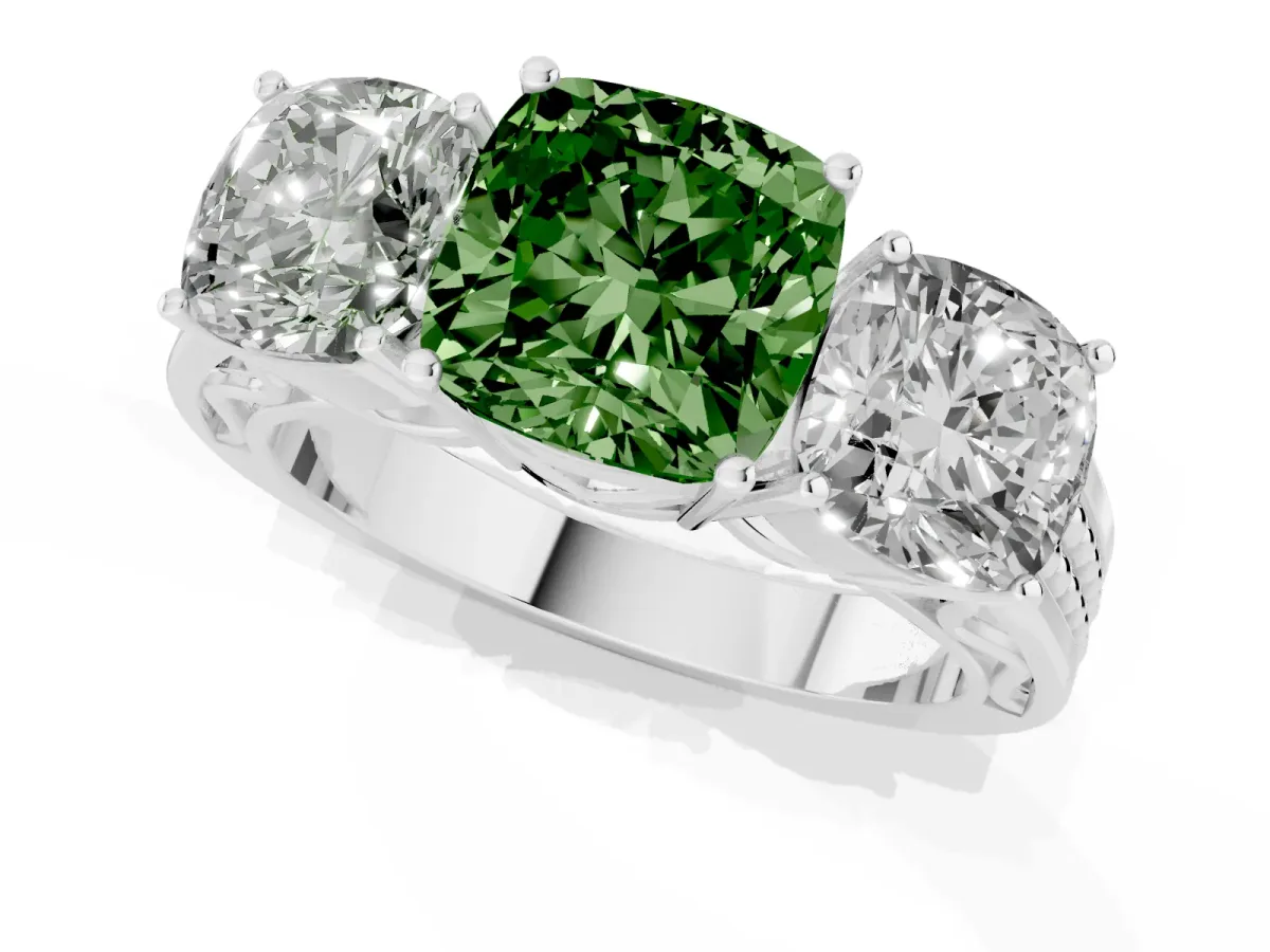 Fancy Green Cushion Cut Diamond Three-Stone Ring with Prong Setting and Textured Band Silver