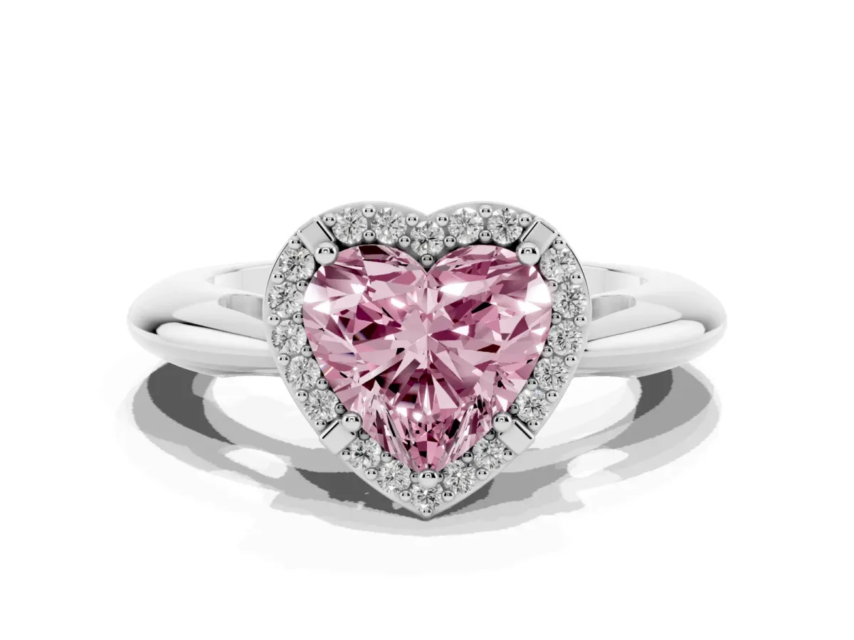 Fancy Pink Heart Cut Cut Diamond Halo Engagement Ring with Split Shank and Four-Prong Setting Platinum