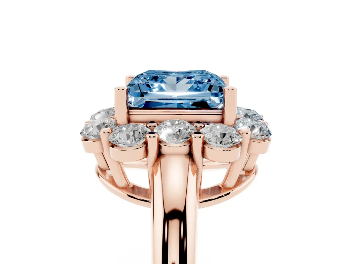 Fancy Blue Princess Cut Halo Milgrain Solitaire with Bezel Set Side Stones and Pave Band Rose gold