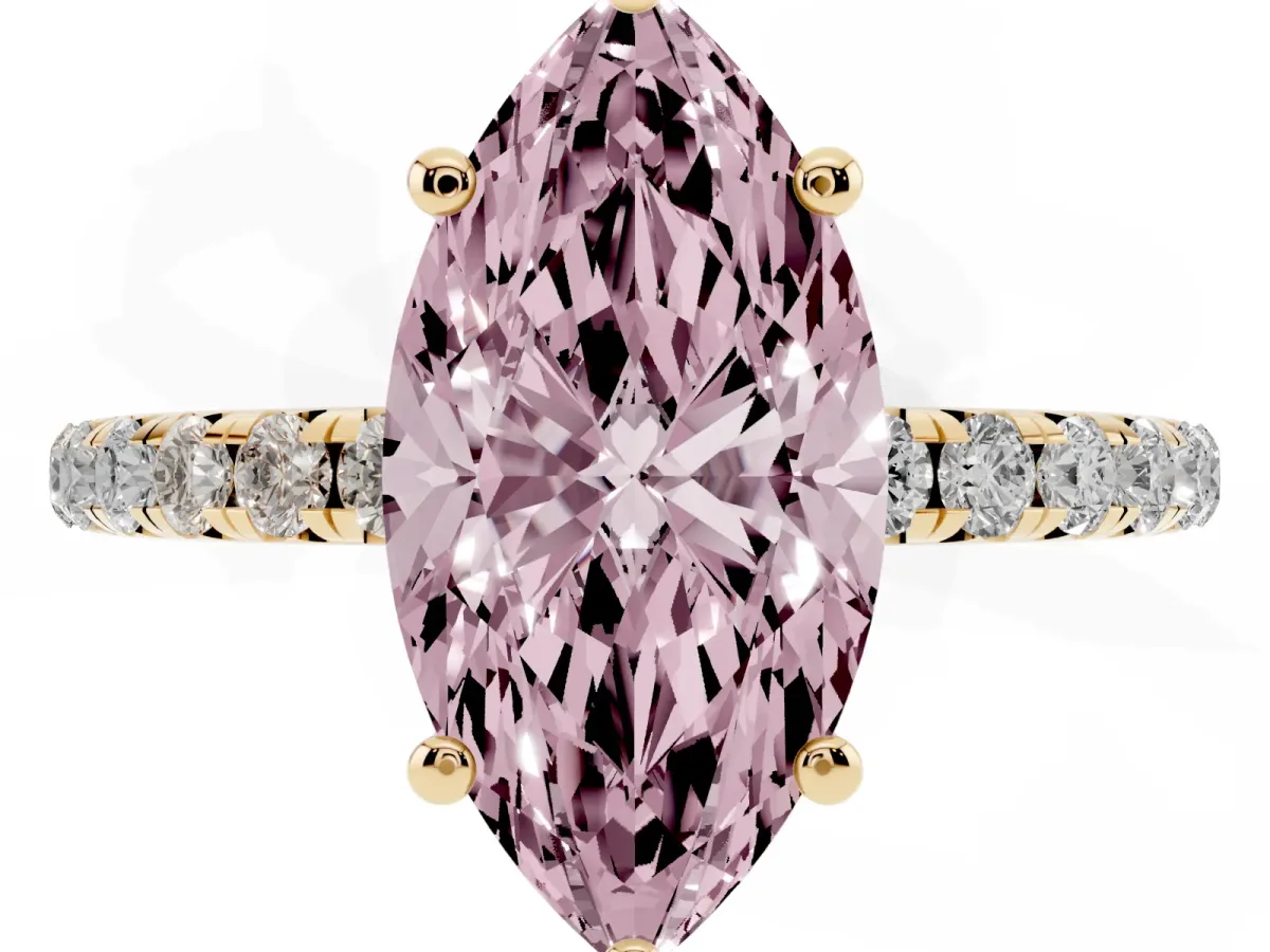 Fancy Pink Marquise Cut Cut Diamond Solitaire Ring with Micro Pave Band and Four Prong Setting Yellow gold