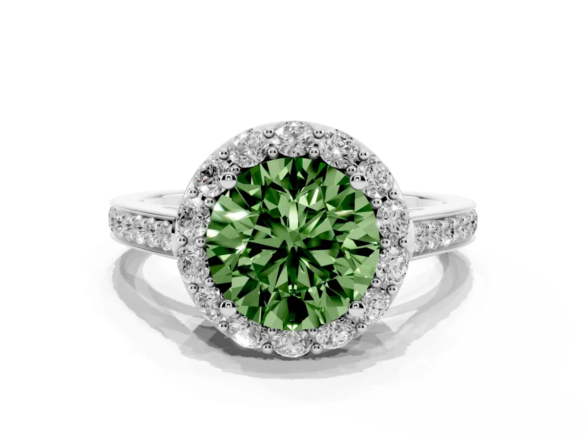 Fancy Green Round Cut Diamond Floral Halo Ring with Pavé Band and Prong Setting Silver