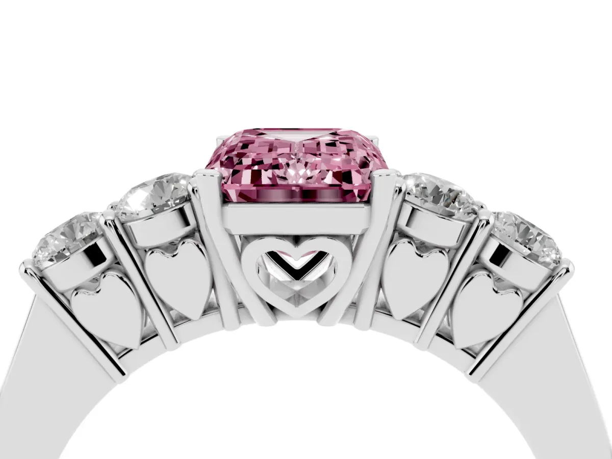 Fancy Pink Emerald Cut Cut Diamond Five-Stone Prong Set White Gold Ring Silver