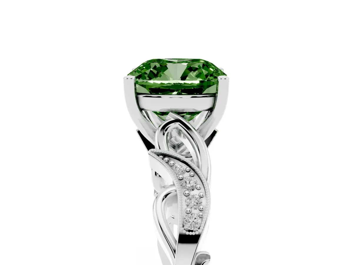 Fancy Green Cushion Cut Solitaire Vine Band with Milgrain Prong Setting Platinum