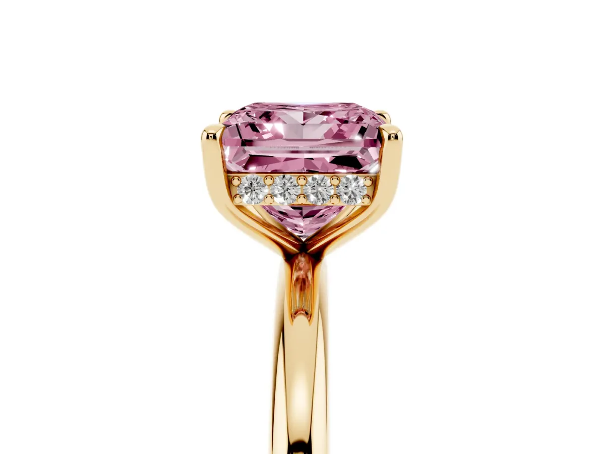 Fancy Pink Princess Cut Diamond Solitaire Ring with Thin Band and Four-Prong Setting Yellow gold