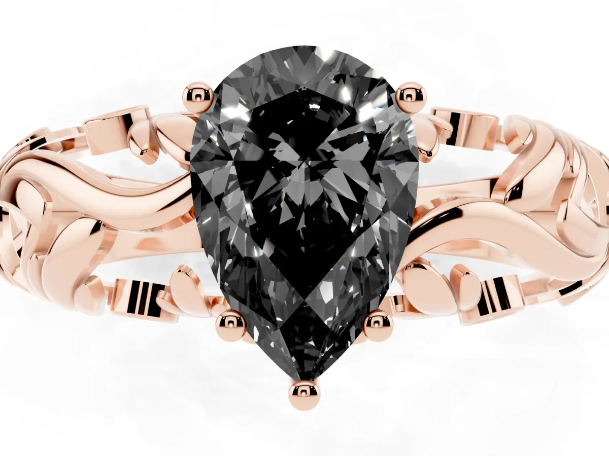 Fancy Black Pear Cut Solitaire Diamond Leaf-Inspired Vine Band Ring with Prong Setting Rose gold
