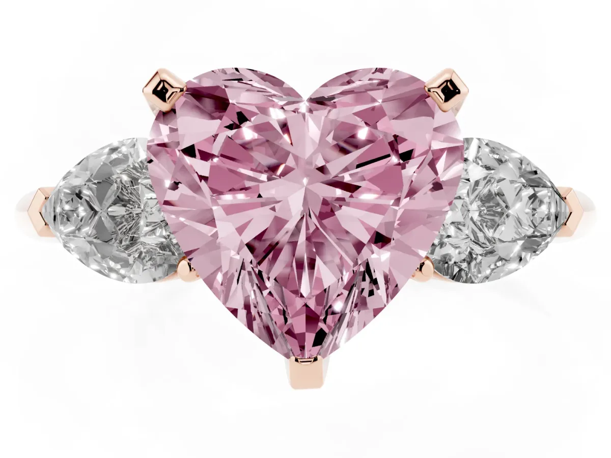 Fancy Pink Three-Stone Heart Cut Diamond Ring with Pear Side Stones and Four-Prong Setting Rose gold