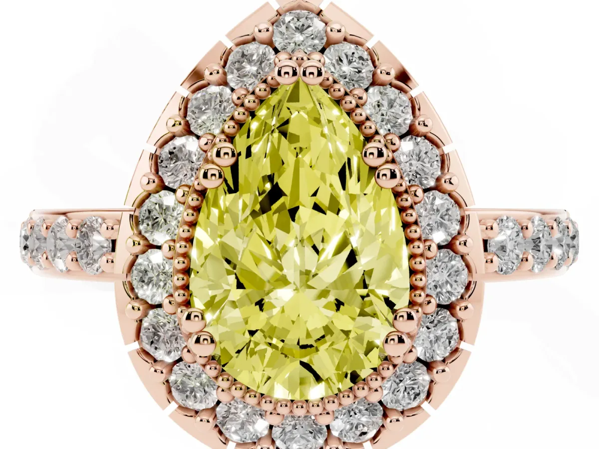 Fancy Yellow Pear Cut Diamond Halo Ring with Pavé Band and Prong Setting Rose gold