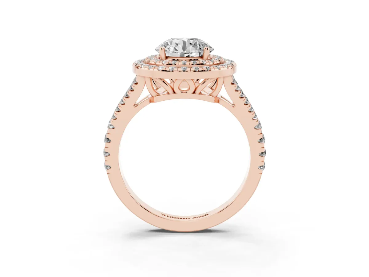 Round Cut Diamond Double Halo Ring with Pavé Band and Prong Setting Rose gold