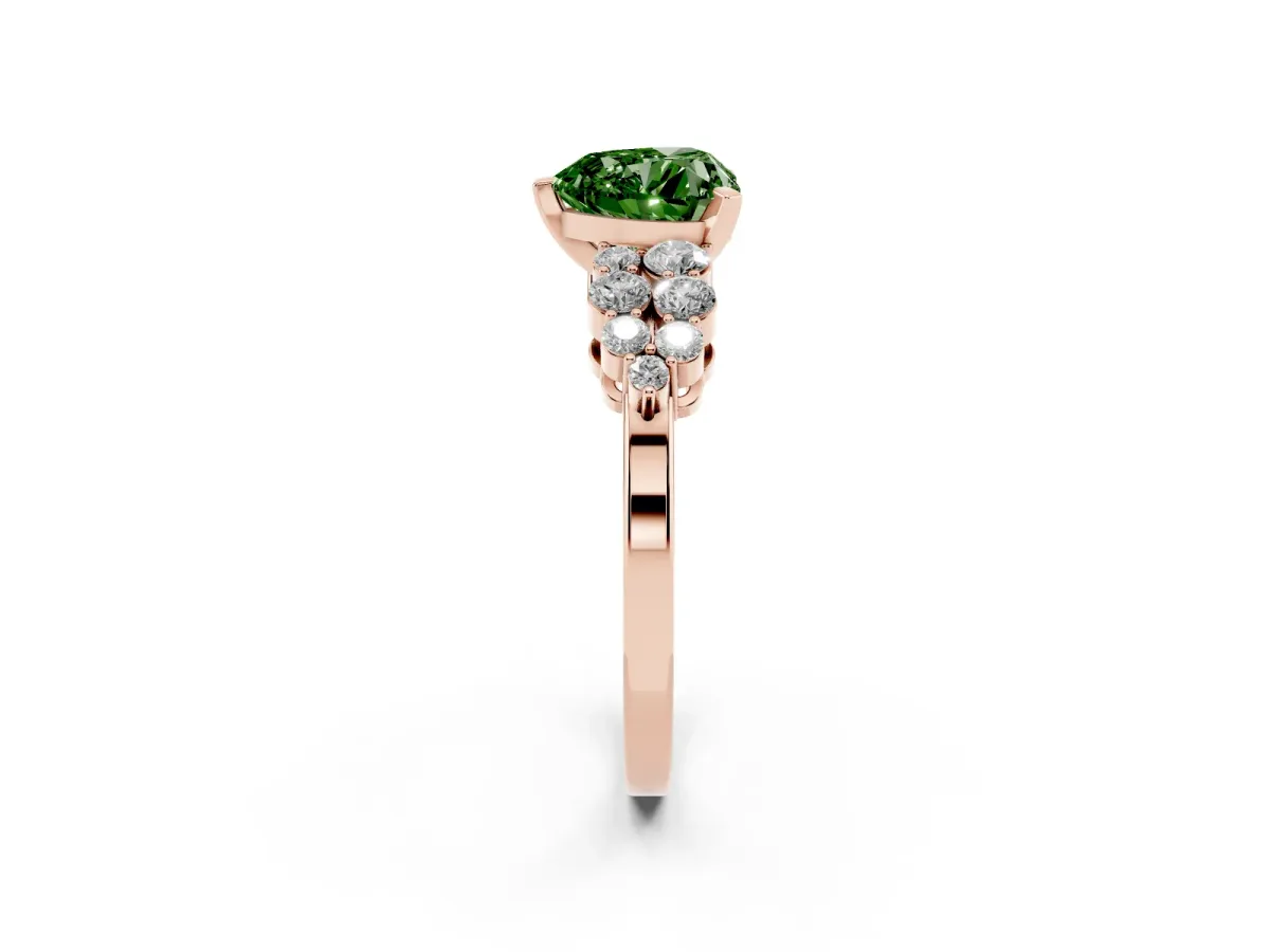 Fancy Green Heart Cut Cluster Diamond Engagement Ring with Pavé Band and Four-Prong Setting Rose gold
