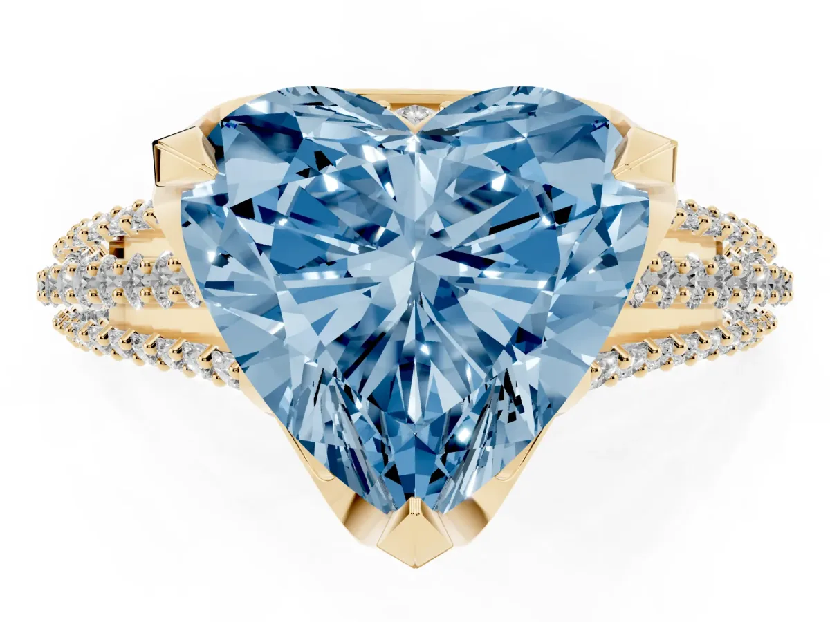 Fancy Blue Heart Cut Solitaire Pave Split Shank Ring with Four-Prong Setting Yellow gold