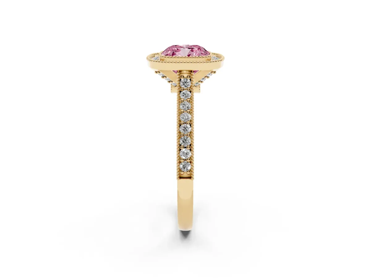 Fancy Pink Halo Cushion Cut-Cut Diamond Pave Band Milgrain Prong Setting Ring Yellow gold