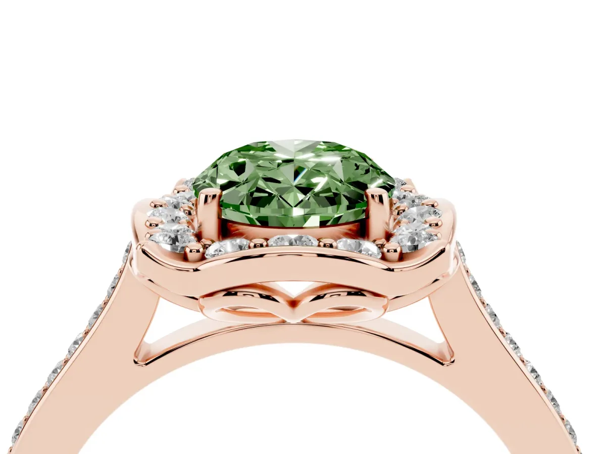 Fancy Green Oval Cut Halo Round Diamond Pave Band with Four-Prong Setting Rose gold
