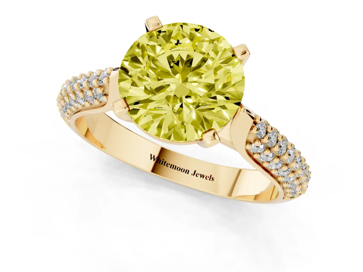 Fancy Yellow Round Cut Diamond Solitaire Engagement Ring with Multi-Row Round Pavé Band and Prong Setting Yellow gold