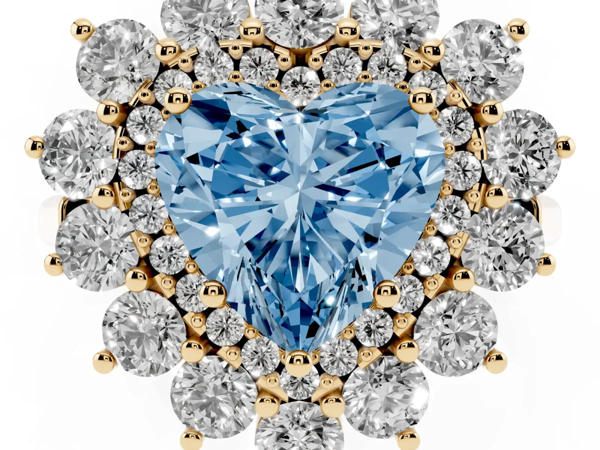 Fancy Blue Heart Cut Diamond Floral Double Halo Engagement Ring with Prong Setting Yellow gold