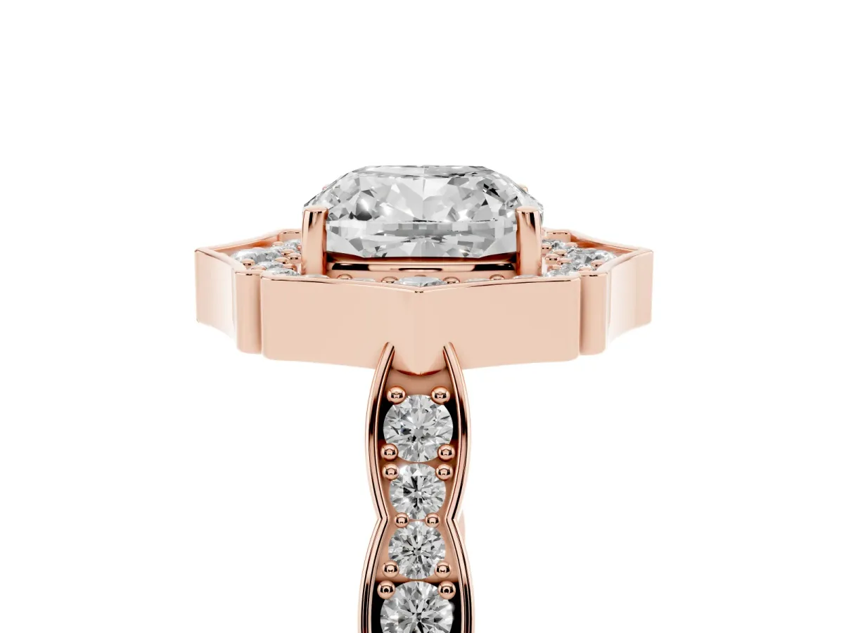 Cushion Cut Halo Diamond Engagement Ring with Milgrain Band and Four-Prong Setting Rose gold