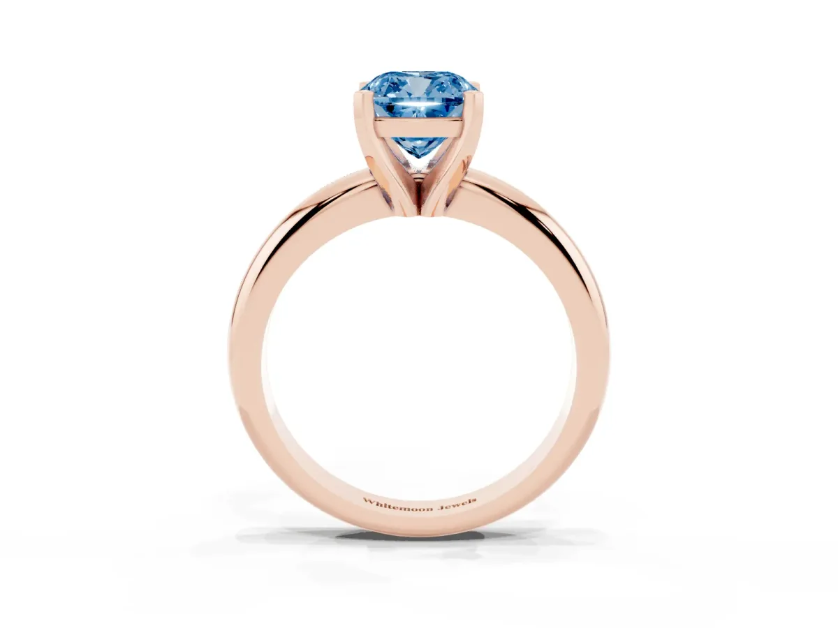 Fancy Blue Cushion Cut Diamond Solitaire Engagement Ring with Round Band and Four-Prong Setting Rose gold
