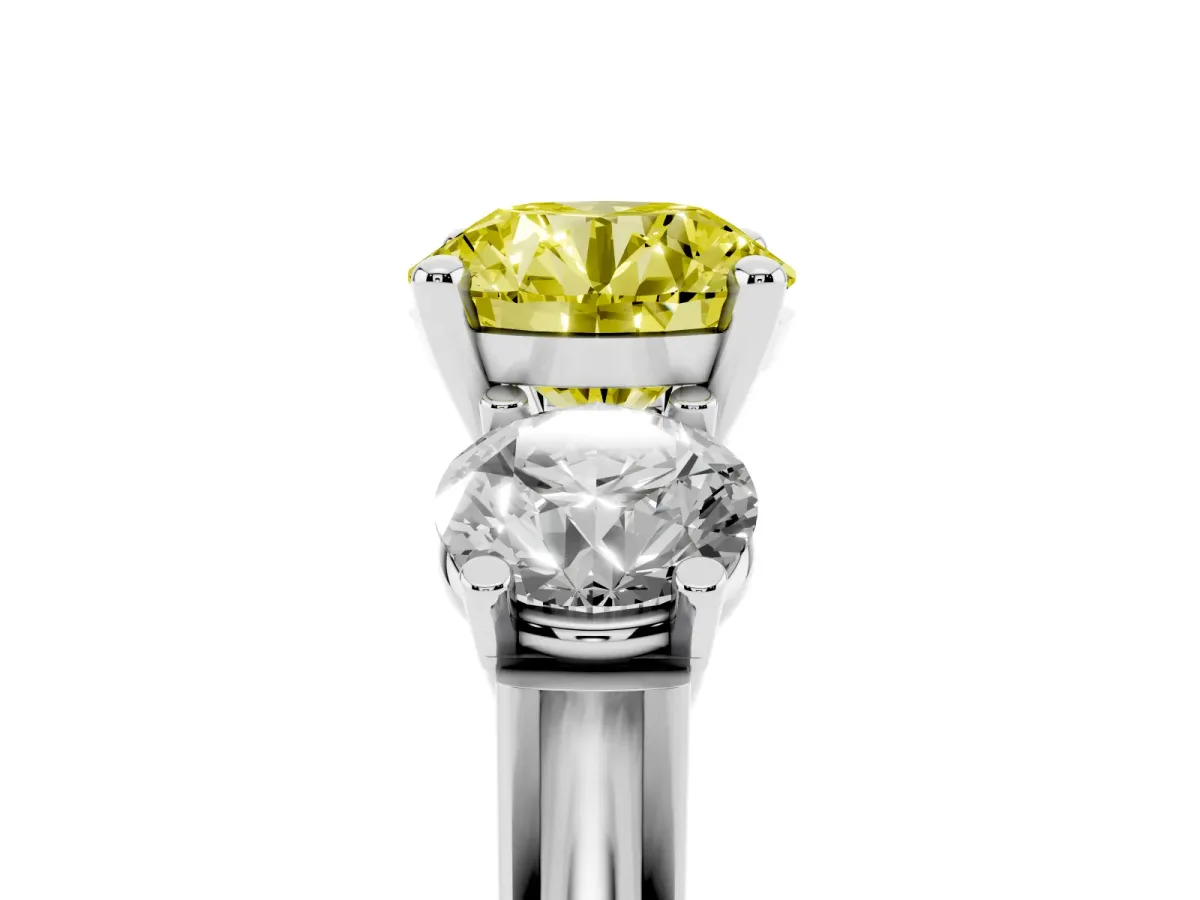 Fancy Yellow Three-Stone Round Cut Brilliant Diamond Trellis Ring with Comfort Fit Band Silver